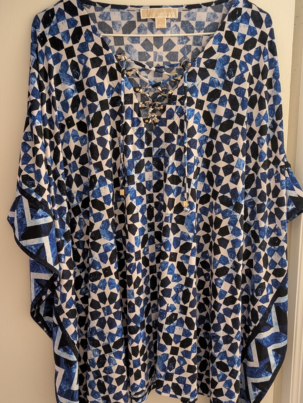 MICHAEL Michael Kors Blue Black and White Lace-Up Geometric Tunic. XL